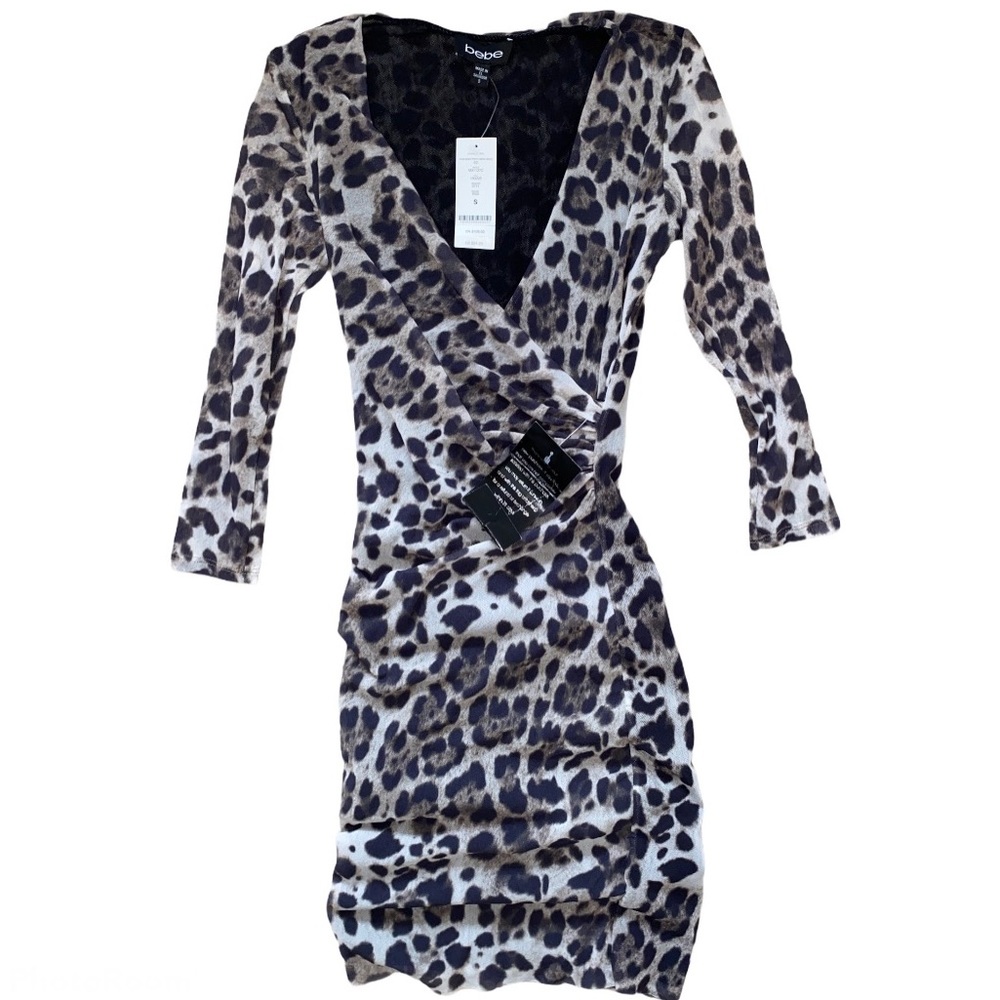 BEBE FAUX WRAP PRINT MESH DRESS